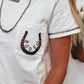 White RODEO Horseshoe Embroidered Patch Pocket T Shirt